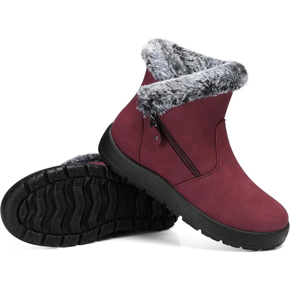 Women's Waterproof Snow Boot Warm Ankle Fur Lined Booties Insulated Shoes Red - Picture 1 of 6